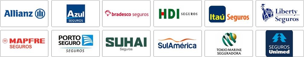 Allianz, Azul, Bradesco, HDI, Itaú, Liberty, Mapfre, Porto, Sul América, Suhai, Tokio Marine, Unimed Seguros